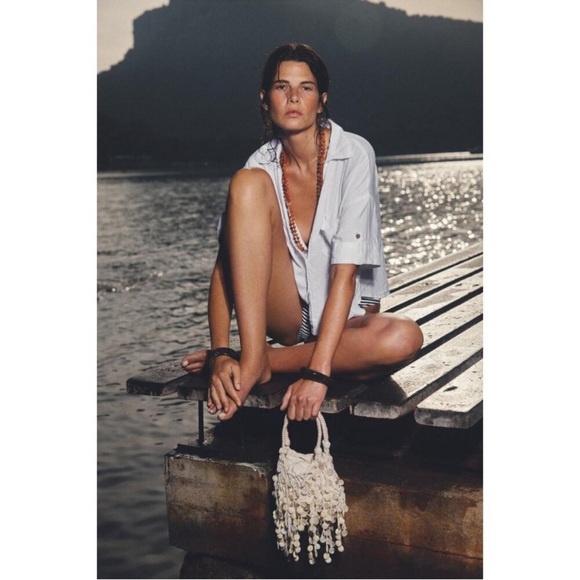 Zara Pearlescent Shell Beaded Bucket Bag Mini Cream Coastal Resort Blogger NWT - Picture 2 of 13